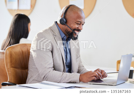 Laptop, call center and man with headset for customer service, support or telemarketing. Happy male person, agent or consultant typing online for sales deal, crm account and help desk or contact us Laptop, call center and man with headset for customer service, support or telemarketing. Happy male person, agent or consultant typing online for sales deal, crm account and help desk or contact us 135167163