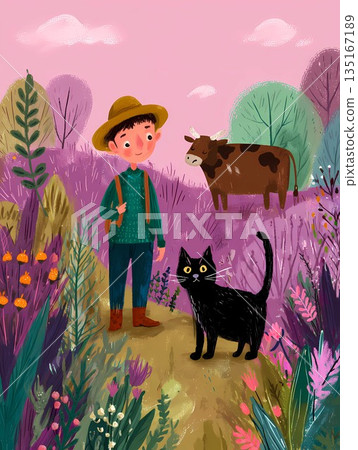 Little Boy Walking in Meadow with Black Cat and Cow Whimsical Children Illustration Little Boy Walking in Meadow with Black Cat and Cow Whimsical Children Illustration 135167189
