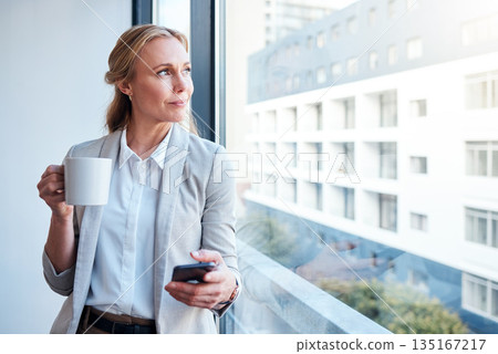 Thinking, coffee and woman with a phone at work for a break, social media or a vision at window. Office, ideas and a corporate employee with tea and a mobile for an app, chat or email in the morning Thinking, coffee and woman with a phone at work for a break, social media or a vision at window. Office, ideas and a corporate employee with tea and a mobile for an app, chat or email in the morning 135167217