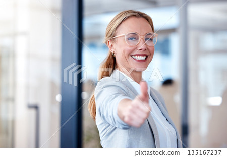 Business woman, portrait smile and thumbs up for success, winning or thank you at the office. Happy female person, CEO or employee with thumb emoji, yes sign or like for win, goals or motivation Business woman, portrait smile and thumbs up for success, winning or thank you at the office. Happy female person, CEO or employee with thumb emoji, yes sign or like for win, goals or motivation 135167237