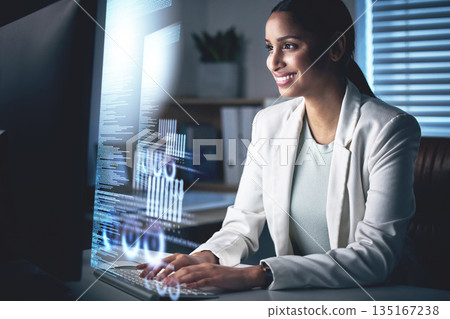 Overlay, night and computer with business woman in office for research, software and programmer. Digital, analytics and future with hologram and employee for network, coding or information technology Overlay, night and computer with business woman in office for research, software and programmer. Digital, analytics and future with hologram and employee for network, coding or information technology 135167238