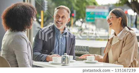 Business people, coffee shop and meeting for discussion, smile or team building for planning in morning. Businessman, women and teamwork at cafe with happiness for vision, motivation or brainstorming Business people, coffee shop and meeting for discussion, smile or team building for planning in morning. Businessman, women and teamwork at cafe with happiness for vision, motivation or brainstorming 135167239