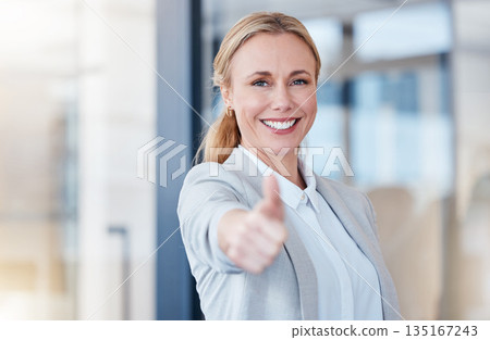 Business woman, portrait smile and thumbs up for winning, success or good job at the office. Happy female person, CEO or employee showing thumb emoji, yes sign or like for win, goals or motivation 135167243