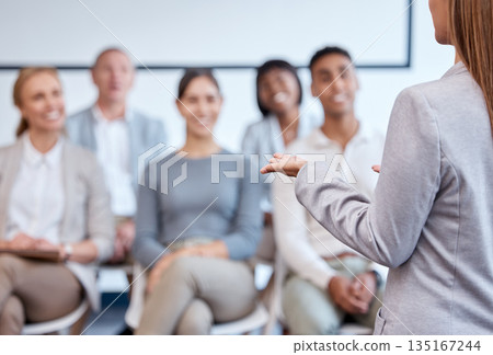 Presentation, woman speaker and audience at seminar or conference with meeting and training at company. Business people, corporate workshop and learning, professional group and team with presenter Presentation, woman speaker and audience at seminar or conference with meeting and training at company. Business people, corporate workshop and learning, professional group and team with presenter 135167244