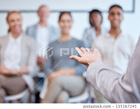 Presentation, woman and speaker hand with audience at seminar or conference with meeting and training. Business people, corporate workshop and learning, professional group and team with presenter Presentation, woman and speaker hand with audience at seminar or conference with meeting and training. Business people, corporate workshop and learning, professional group and team with presenter 135167245