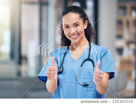 Happy woman, doctor and portrait with thumbs up for winning, success or good job in healthcare at hospital. Female person or medical professional with thumb emoji, yes sign or like for goal at clinic 135167253