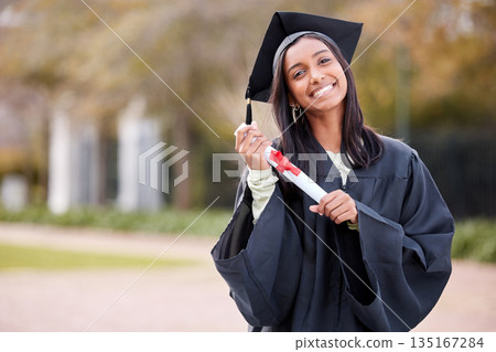 Success, portrait of college student and with certificate on her graduation day outside of campus. Education or achievement, graduate or smile and female person with diploma at university outdoors Success, portrait of college student and with certificate on her graduation day outside of campus. Education or achievement, graduate or smile and female person with diploma at university outdoors 135167284