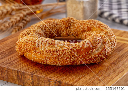 Traditional Turkish Simit circkle with sesame seeds Traditional Turkish Simit circkle with sesame seeds 135167301