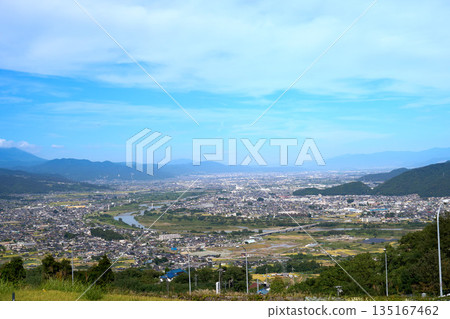 [Nagano] View of Zenkoji Plain, the Five Mountains of Hokushin, and the Chikuma River from Obasute 135167462