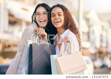 Portrait, retail and women with bags, city and boutique items, fashion and customer choice with discount. Face, female clients and girls with promotion, sales and luxury with happiness and outdoor 135167475
