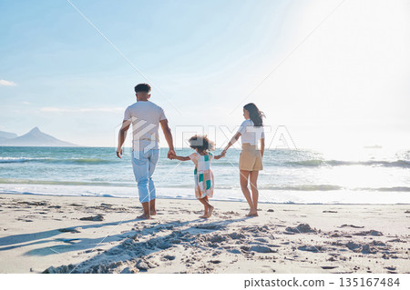 Love, family and walking on beach for summer vacation or mom or dad and kid relax on a seaside holiday for quality bonding time. Mother, father and child on nature travel or adventure or journey Love, family and walking on beach for summer vacation or mom or dad and kid relax on a seaside holiday for quality bonding time. Mother, father and child on nature travel or adventure or journey 135167484