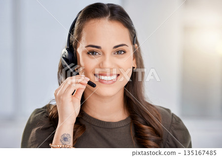 Headset, portrait or happy woman in call center tech support consulting, speaking or talking in telemarketing. Communication, face or friendly consultant in telecom company explaining on microphone Headset, portrait or happy woman in call center tech support consulting, speaking or talking in telemarketing. Communication, face or friendly consultant in telecom company explaining on microphone 135167485
