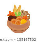 Illustration of a Japanese-style rice pot dish with lots of ingredients 135167502