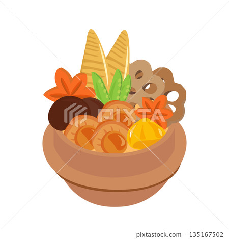 Illustration of a Japanese-style rice pot dish with lots of ingredients Illustration of a Japanese-style rice pot dish with lots of ingredients 135167502