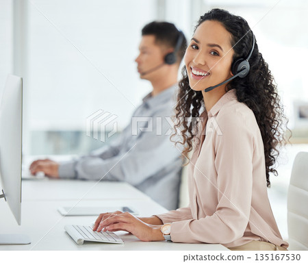 Call center, smile and portrait of a woman at a computer for online support, advice or communication. Happy, contact us and a customer care employee typing on a pc for telemarketing consultation Call center, smile and portrait of a woman at a computer for online support, advice or communication. Happy, contact us and a customer care employee typing on a pc for telemarketing consultation 135167530