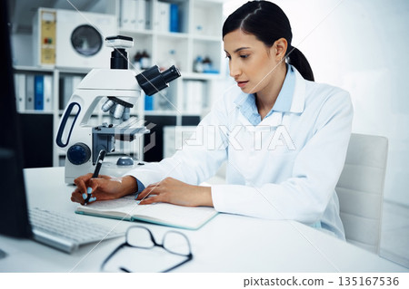 Woman, scientist and writing in science research for discovery, breakthrough or information at lab. Female person or medical expert with notebook for medicine data, notes or results in laboratory 135167536