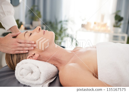 Beauty, spa and woman with massage, body care and stress relief for wellness, calm and peace at a resort. Mature female person, customer and lady with skincare, zen and relax with health and beauty Beauty, spa and woman with massage, body care and stress relief for wellness, calm and peace at a resort. Mature female person, customer and lady with skincare, zen and relax with health and beauty 135167575