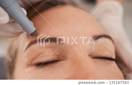 Microneedling, eyebrow and woman for beauty, skincare and cosmetics with collagen treatment or wellness. Customer, people or dermatology worker hands with microblading, hair or face permanent makeup Microneedling, eyebrow and woman for beauty, skincare and cosmetics with collagen treatment or wellness. Customer, people or dermatology worker hands with microblading, hair or face permanent makeup 135167583