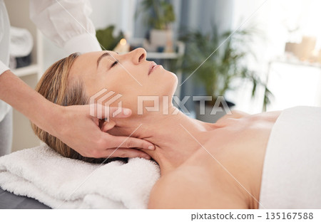 Relax, spa and woman with a massage, wellness and pamper treatment with grooming, stress relief or self care. Female person, mature lady or customer with luxury, resort or peace with physical therapy Relax, spa and woman with a massage, wellness and pamper treatment with grooming, stress relief or self care. Female person, mature lady or customer with luxury, resort or peace with physical therapy 135167588