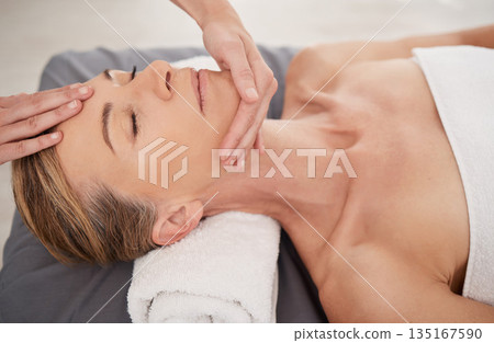 Relax, spa and woman with skincare, massage and wellness with grooming, stress relief and peace. Female person, mature lady and client on a bed, salon treatment and luxury with body care and resort Relax, spa and woman with skincare, massage and wellness with grooming, stress relief and peace. Female person, mature lady and client on a bed, salon treatment and luxury with body care and resort 135167590