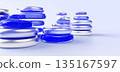 Abstract coin stacks of blue glass and silver metal on pastel 3d background. Geometric circle shapes, money cash in various piles. Concept of fintech, finance, investment and savings. 3D illustration 135167597