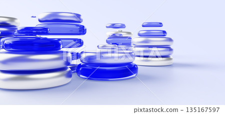 Abstract coin stacks of blue glass and silver metal on pastel 3d background. Geometric circle shapes, money cash in various piles. Concept of fintech, finance, investment and savings. 3D illustration Abstract coin stacks of blue glass and silver metal on pastel 3d background. Geometric circle shapes, money cash in various piles. Concept of fintech, finance, investment and savings. 3D illustration 135167597