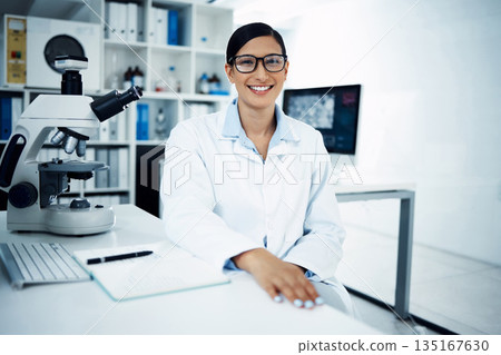 Science, laboratory and portrait of woman with notebook for medical research, analysis and writing notes. Healthcare, biotechnology and female scientist with microscope for study, sample and test Science, laboratory and portrait of woman with notebook for medical research, analysis and writing notes. Healthcare, biotechnology and female scientist with microscope for study, sample and test 135167630