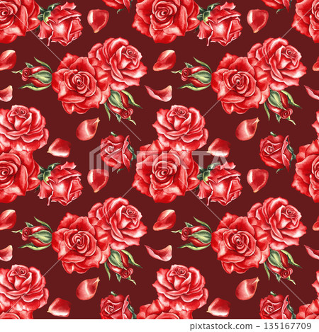 Seamless pattern with red roses. Hand-drawn watercolor illustration. Beautiful, red roses on a dark background. Perfect for textiles, wrapping paper, wallpaper, web design, packaging, and more. Seamless pattern with red roses. Hand-drawn watercolor illustration. Beautiful, red roses on a dark background. Perfect for textiles, wrapping paper, wallpaper, web design, packaging, and more. 135167709