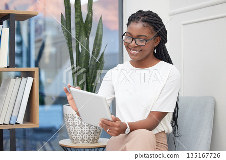 Tablet, happy and business black woman in office online for social media, internet and networking. Professional, corporate and female person on digital technology for website, research and contact Tablet, happy and business black woman in office online for social media, internet and networking. Professional, corporate and female person on digital technology for website, research and contact 135167726