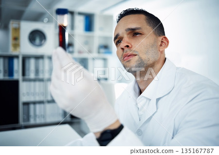 Man, scientist and analysis of blood in test tube, DNA and science experiment in laboratory. Male doctor with gloves, study sample and forensics, scientific innovation and medical research in lab Man, scientist and analysis of blood in test tube, DNA and science experiment in laboratory. Male doctor with gloves, study sample and forensics, scientific innovation and medical research in lab 135167787