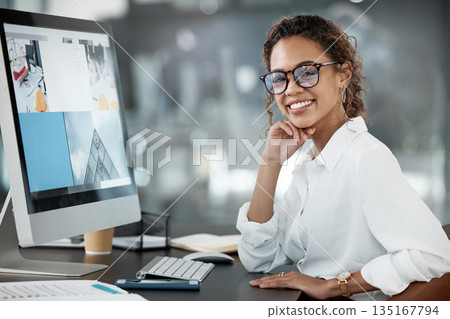 Woman smile at desk, computer screen with web design, portrait and website layout at digital marketing agency. Focus, happy female creative and working with technology, SEO and research at startup 135167794