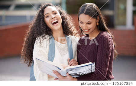 Laugh, university and portrait of women with book on campus for learning, knowledge and studying. Education, friends and happy female students laugh with textbook for information, research or college 135167884