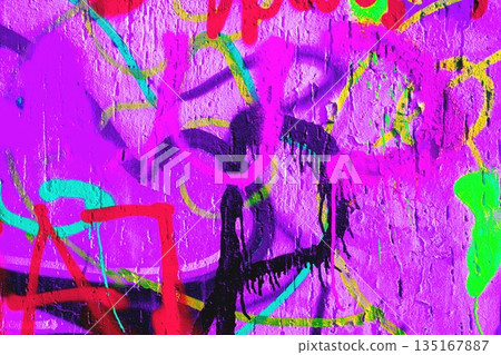 Abstract Graffiti Wall with Neon Pink, Red, Green, Black Spray Paint for 90s, Y2K Street Art Style Abstract Graffiti Wall with Neon Pink, Red, Green, Black Spray Paint for 90s, Y2K Street Art Style 135167887
