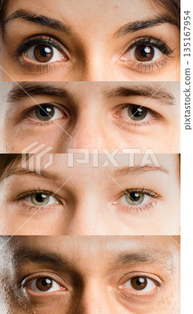 Portrait, eyes and diversity of people for optometry, eyebrow shape or eyelash difference. Face zoom, collage and diverse group of optometrist patients showing eye color, pupils and optic gaze 135167954