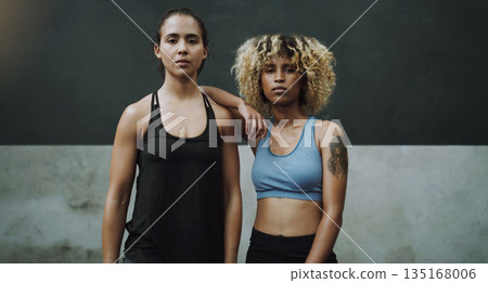 Fitness, gym and portrait of strong women for exercise, training and workout class. Sports club, body builder and female people in sport center with motivation for challenge, wellness and health 135168006
