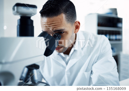 Research, microscope and man scientist in a laboratory for experiment, analysis and innovation. Science, development and male health expert checking results, cancer or bacteria or sample in a lab Research, microscope and man scientist in a laboratory for experiment, analysis and innovation. Science, development and male health expert checking results, cancer or bacteria or sample in a lab 135168009