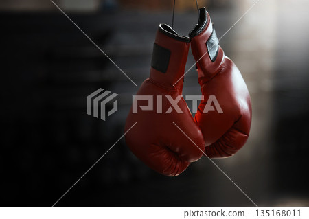 Empty, gym and boxing gloves for fitness, sports and training, wellness and healthy lifestyle. Protective, glove and fighting sport equipment at a health center for workout, endurance and challenge Empty, gym and boxing gloves for fitness, sports and training, wellness and healthy lifestyle. Protective, glove and fighting sport equipment at a health center for workout, endurance and challenge 135168011