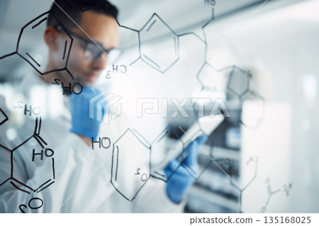 Science, tablet and man with medical formula for chemistry research, equation and solution. Healthcare, pharmaceutical and male scientist brainstorming ideas for medicine development in laboratory Science, tablet and man with medical formula for chemistry research, equation and solution. Healthcare, pharmaceutical and male scientist brainstorming ideas for medicine development in laboratory 135168025