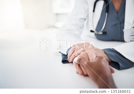Empathy, space and holding hands of doctor and patient for medical, consulting and advice. Medicine, healthcare and help in closeup of people in hospital for depression, compassion and hope in cancer 135168031