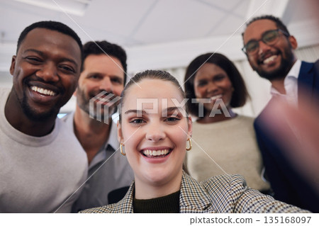Group, business people and selfie in office portrait with smile, happiness and social media app with diversity. Men, woman and photography in workplace for teamwork, profile picture and solidarity Group, business people and selfie in office portrait with smile, happiness and social media app with diversity. Men, woman and photography in workplace for teamwork, profile picture and solidarity 135168097