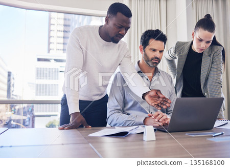 Group, business people and laptop in office for discussion, planning and strategy for finance, project and diversity. Men, woman and computer in workplace with teamwork, problem solving and solution Group, business people and laptop in office for discussion, planning and strategy for finance, project and diversity. Men, woman and computer in workplace with teamwork, problem solving and solution 135168100