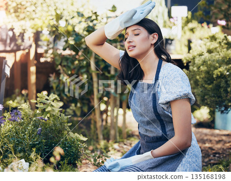 Florist, tired and woman working in garden, fatigue and exhausted outdoor at work. Plants, gardening and female person with headache, stress or crisis, problem and depression, pain or sick in nature Florist, tired and woman working in garden, fatigue and exhausted outdoor at work. Plants, gardening and female person with headache, stress or crisis, problem and depression, pain or sick in nature 135168198