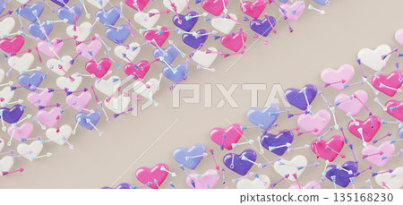 Rainbow hearts diagonal border 3d background. Abstract glitter pattern with love symbols and cupid arrows. Valentine Day banner design, romantic card layout on pastel beige render bg. 3D illustration 135168230