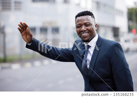 Black man, business portrait and hand for taxi and public transport in city with travel. Urban, African male and professional on a road and street in a suit with happiness and a smile while traveling Black man, business portrait and hand for taxi and public transport in city with travel. Urban, African male and professional on a road and street in a suit with happiness and a smile while traveling 135168235