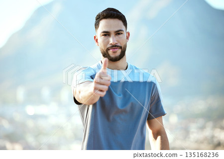Fitness, man and outdoor with thumbs up for a run or workout with a smile for motivation. Portrait and hand of male athlete runner on mountain road for training, exercise or health and wellness goals Fitness, man and outdoor with thumbs up for a run or workout with a smile for motivation. Portrait and hand of male athlete runner on mountain road for training, exercise or health and wellness goals 135168236