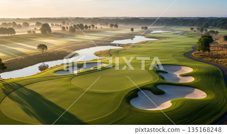 A cinematic 4K aerial shot of a luxury golf course, captured early in the morning 135168248