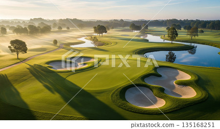 A cinematic 4K aerial shot of a luxury golf course, captured early in the morning 135168251