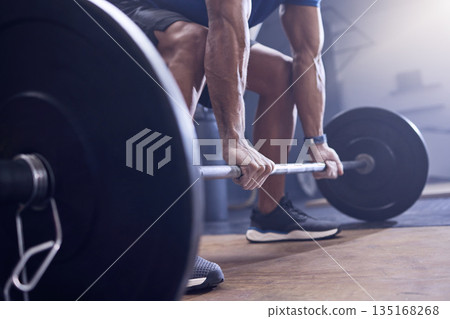 Gym, man and fitness with deadlift at the gym for a workout with close up for training with healthy body. Weightlifting, male trainer and club with strong muscles and hands for sport with equipment. Gym, man and fitness with deadlift at the gym for a workout with close up for training with healthy body. Weightlifting, male trainer and club with strong muscles and hands for sport with equipment. 135168268
