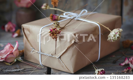 Natural gift box wrapped in kraft paper 135168283