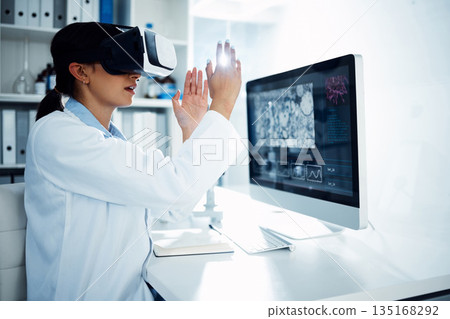 Woman, scientist and VR goggles with metaverse, futuristic tech and computer screen, science innovation in lab Virtual reality, simulation and digital data, scientific experiment and female doctor 135168292